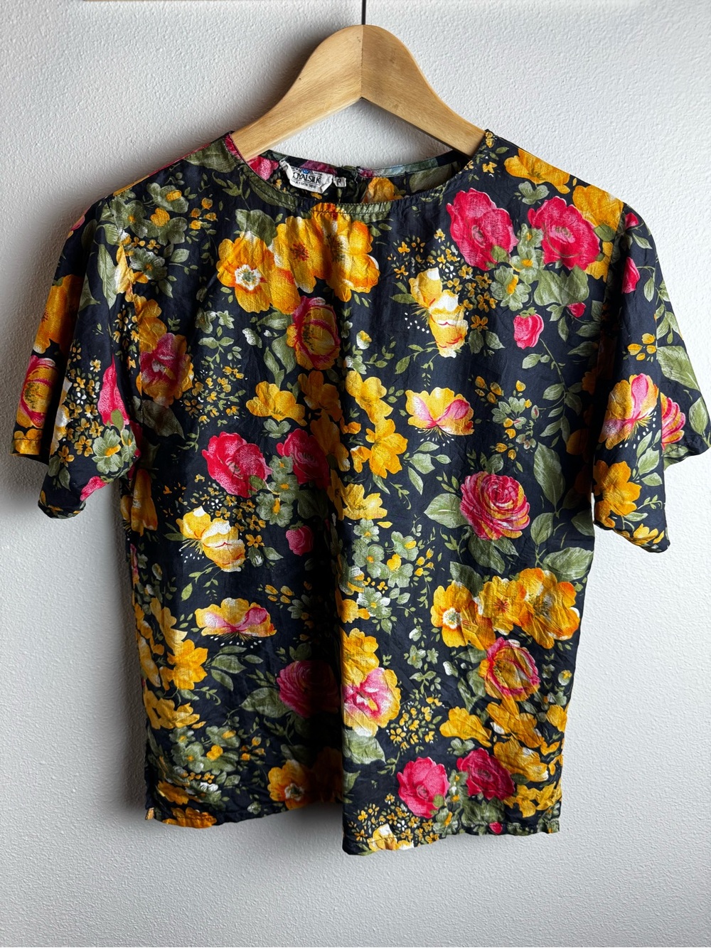 Royal Silk Floral Short-Sleeve Top in Black Silk with Yellow & Pink Flowers